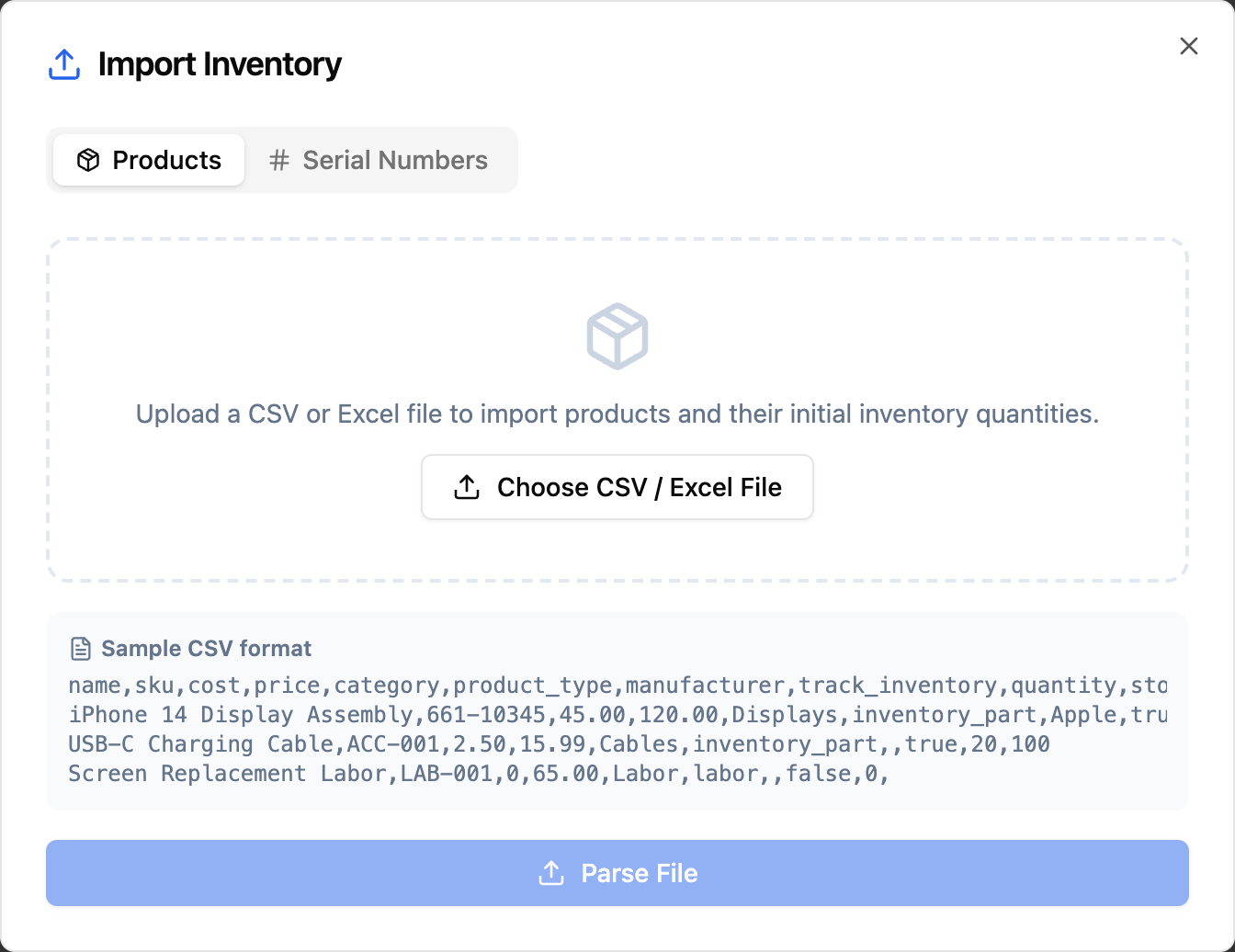 BenchOS Import Inventory dialog with Products selected and a Choose CSV / Excel File button