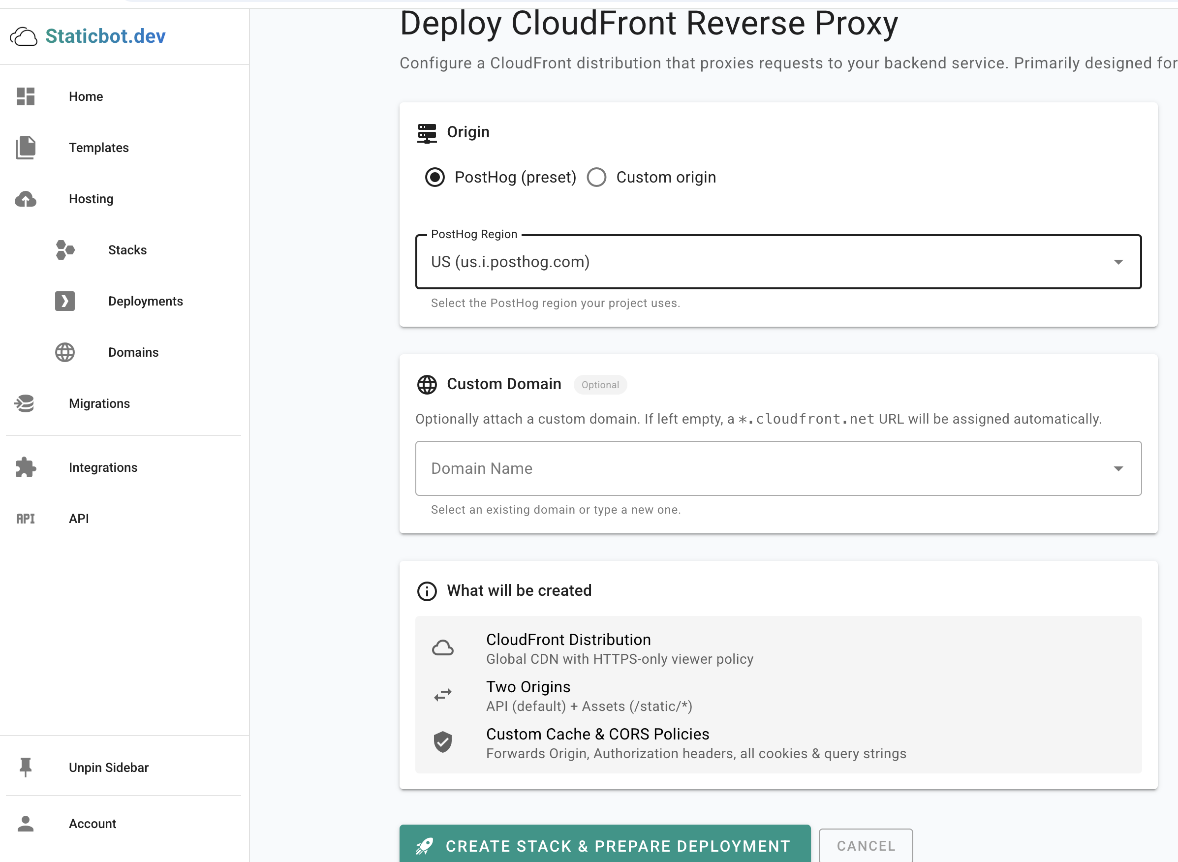 CloudFront Reverse Proxy deployment wizard showing origin configuration, PostHog region selector, custom domain, and infrastructure summary