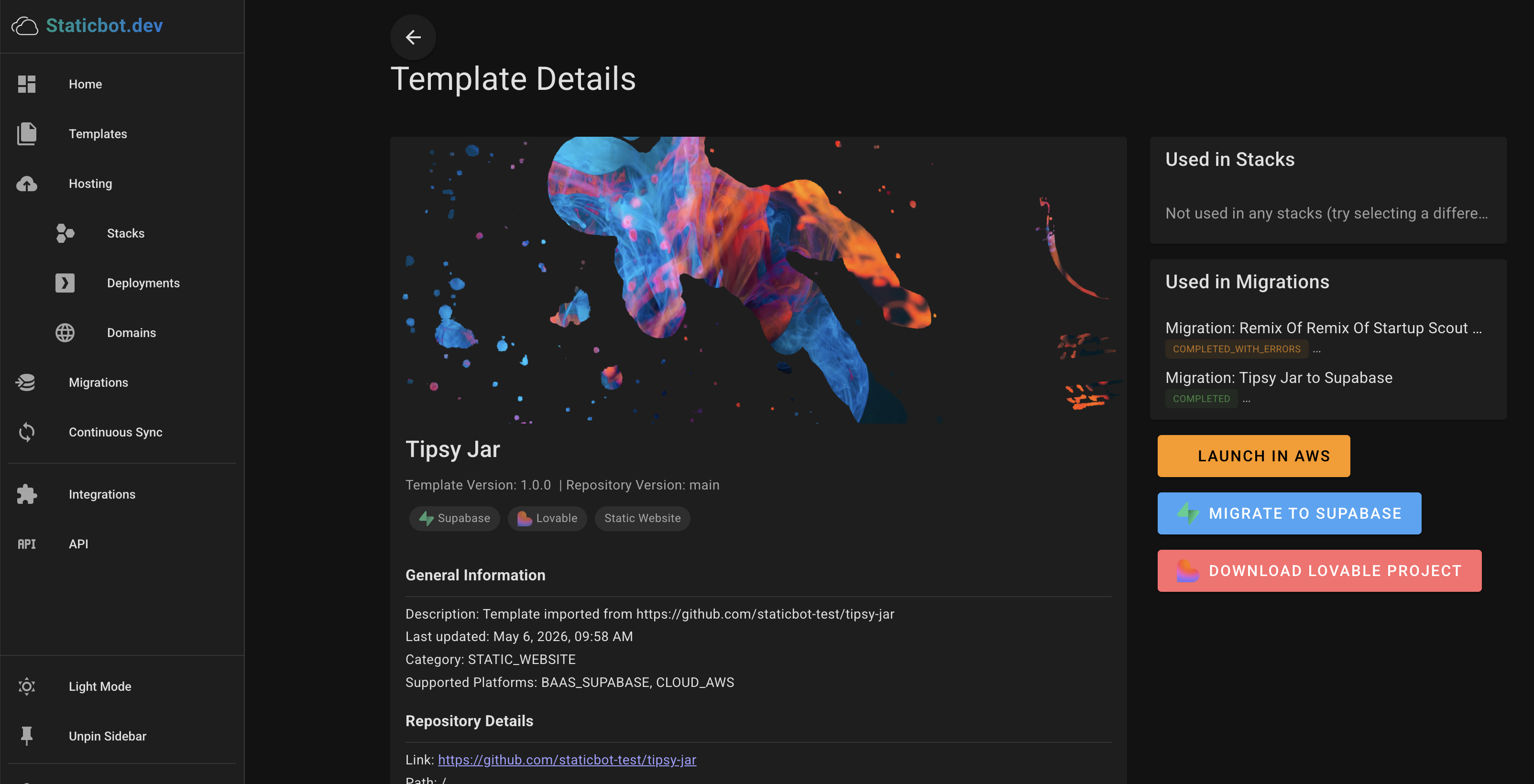 Staticbot Template Details page showing Launch in AWS, Migrate to Supabase, and Download Lovable Project buttons