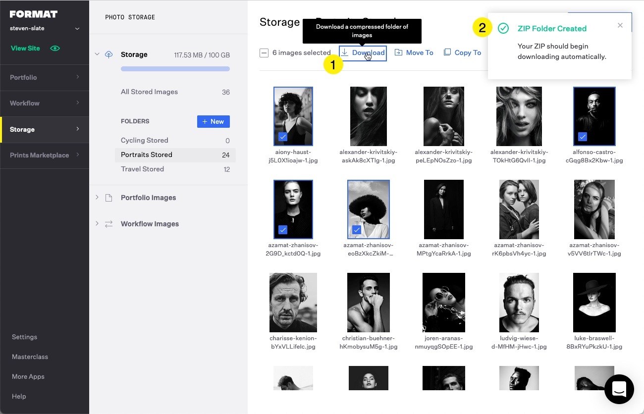 Format Storage interface with images selected and the Download action marked