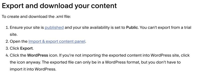 Squarespace XML export instructions and the Import and export content panel