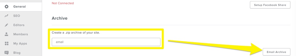 Classic Weebly Settings General Archive section with email address and Email Archive control