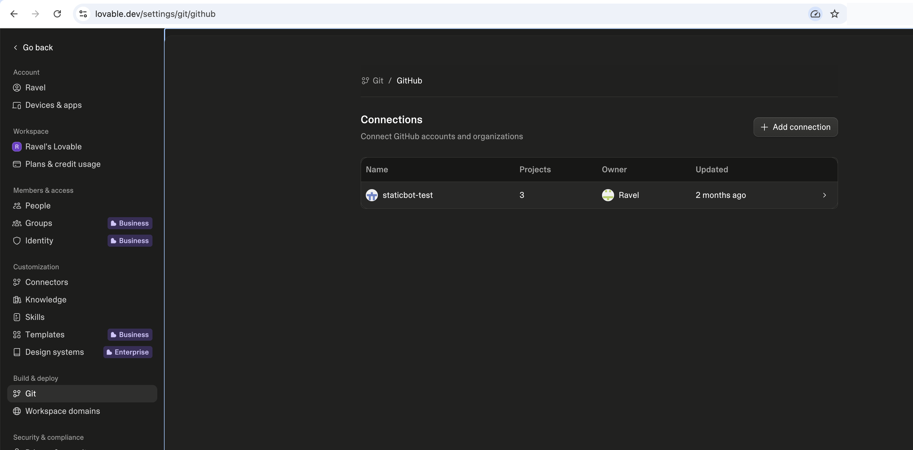 Lovable GitHub connection settings