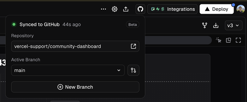 v0 Interface showing Push to GitHub option