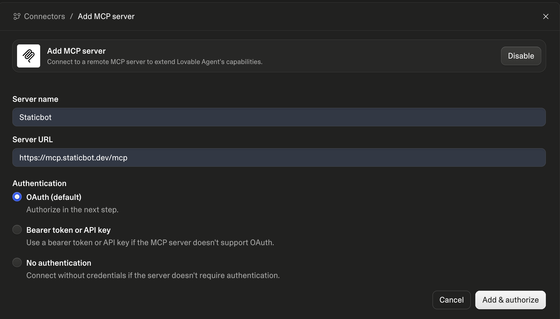 Lovable's Add MCP server form filled in with the name Staticbot, the Staticbot MCP server URL, and OAuth authentication selected