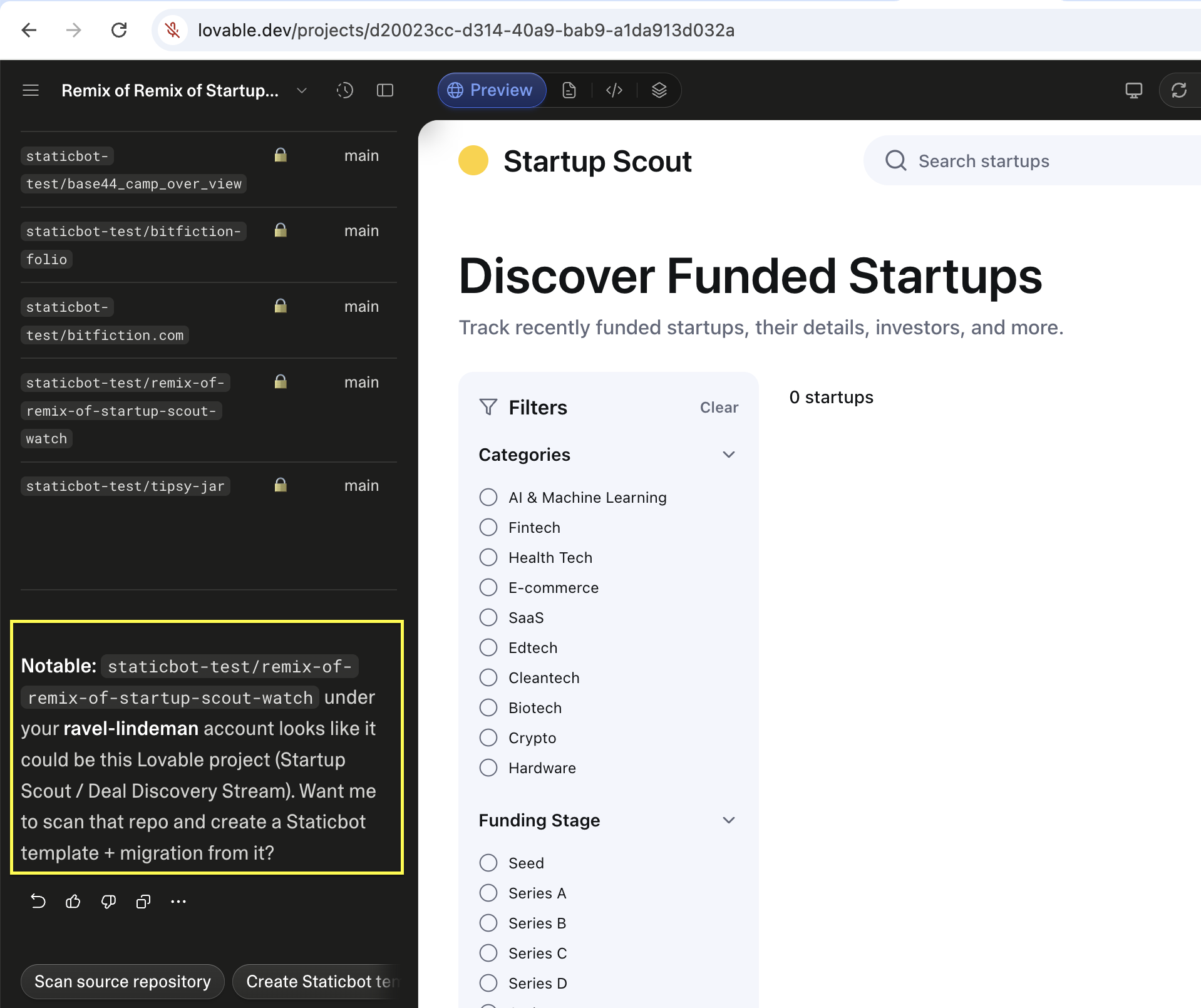 Lovable chat listing private GitHub repositories returned by Staticbot, naming the connected account each belongs to, and offering to scan one and create a Staticbot template