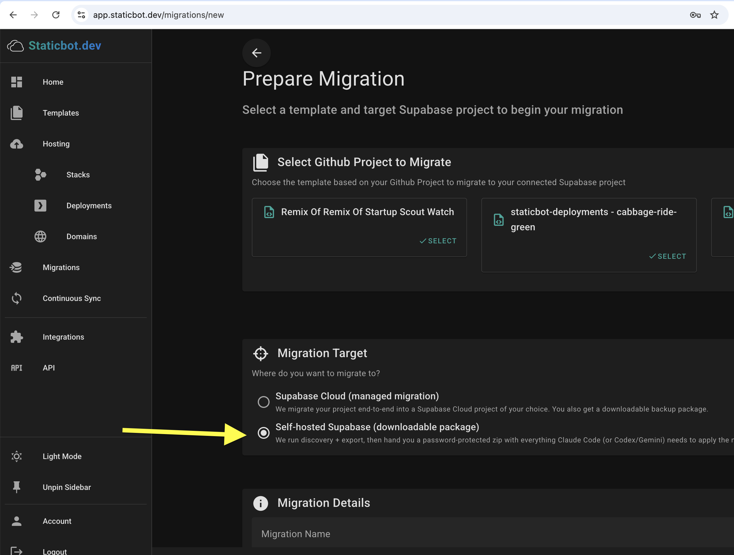 Prepare Migration in Staticbot — choosing Self-hosted Supabase (downloadable package) as the target