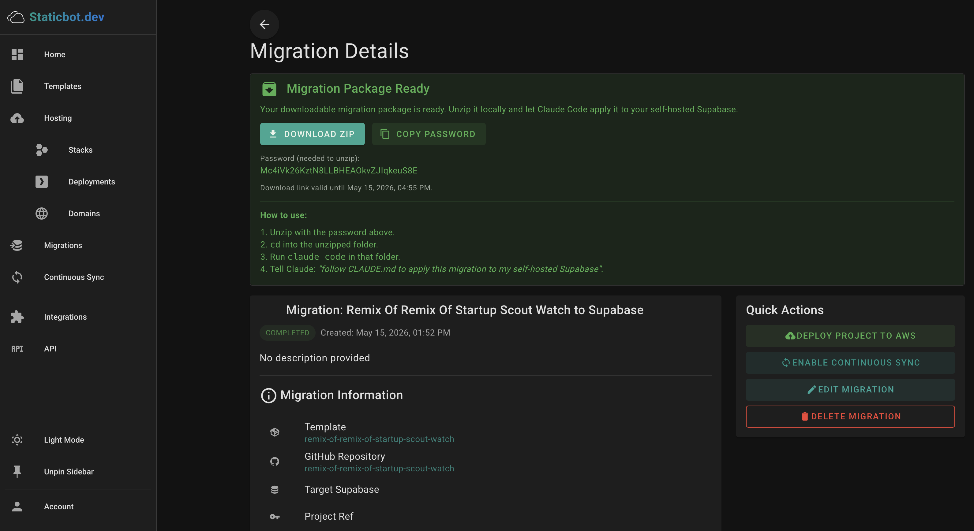 Migration Details — Migration Package Ready panel with Download ZIP, password, and apply instructions
