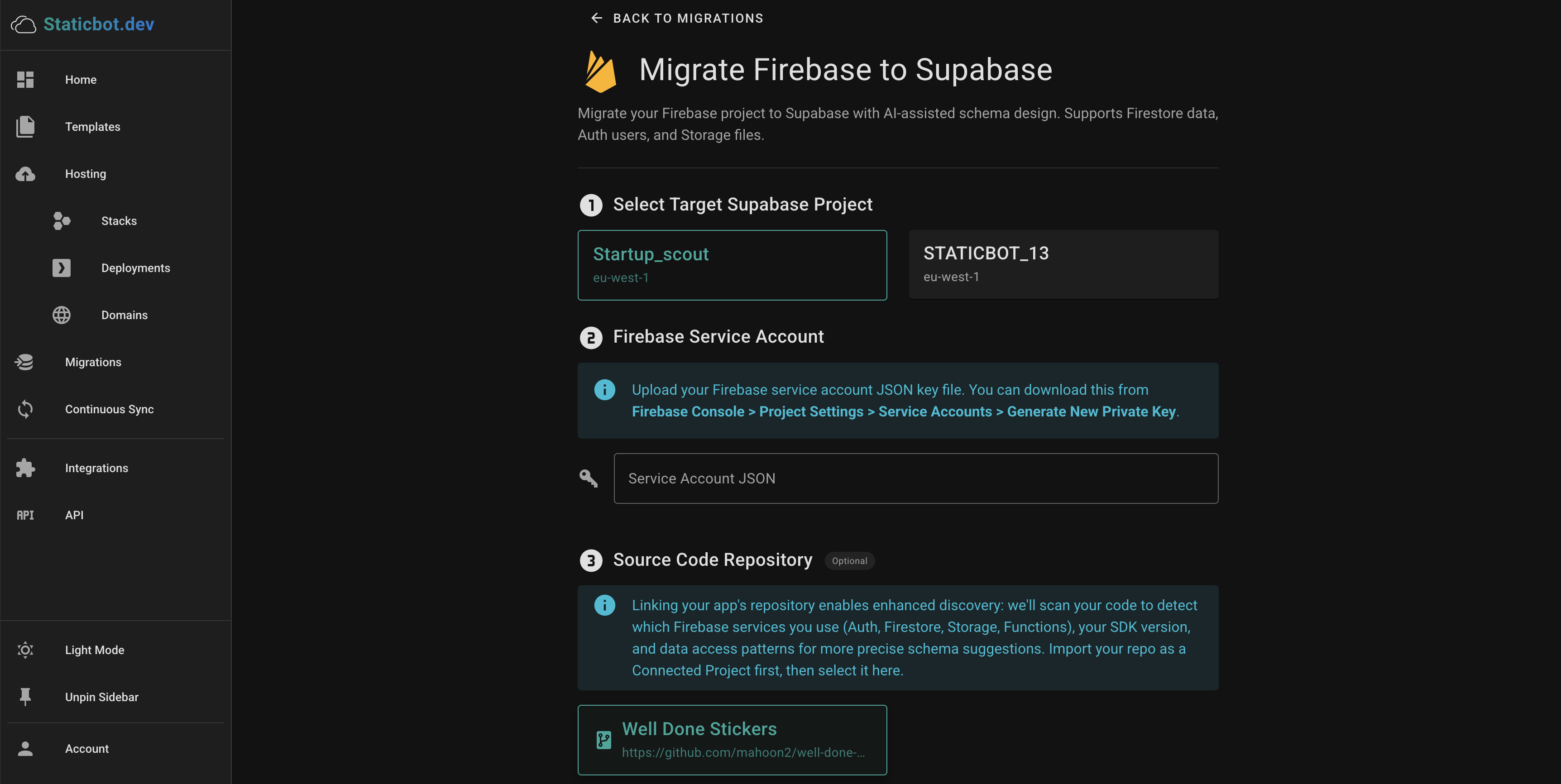 Staticbot Firebase to Supabase migration wizard — select target Supabase project, upload Firebase service account, and link source code repository