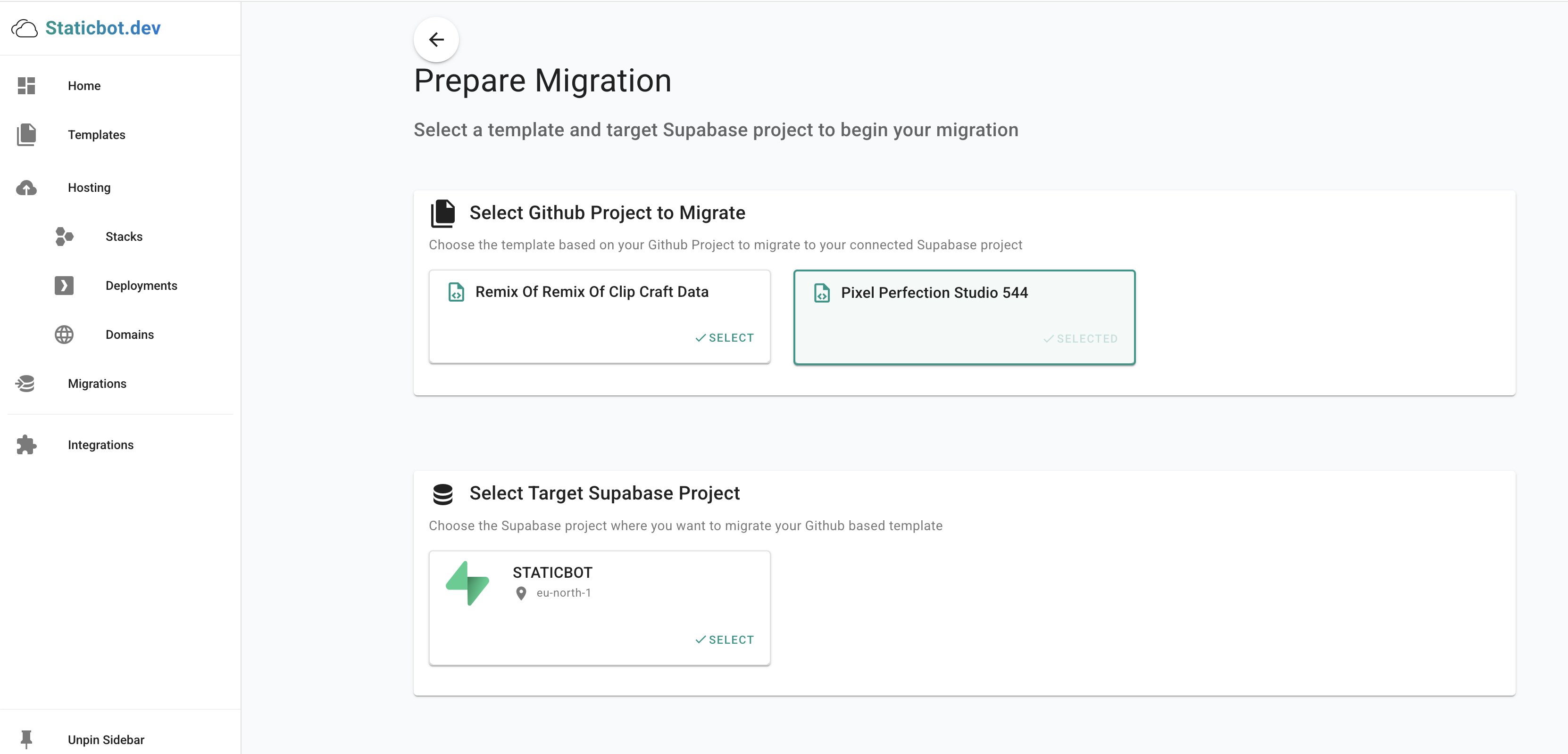 Staticbot Prepare Migration — select your GitHub project and target Supabase project